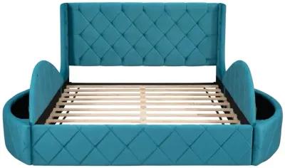 Upholstered Platform Bed Queen Size Storage Velvet Bed With Wingback Headboard And 1 Drawer