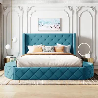 Upholstered Platform Bed Queen Size Storage Velvet Bed With Wingback Headboard And 1 Drawer