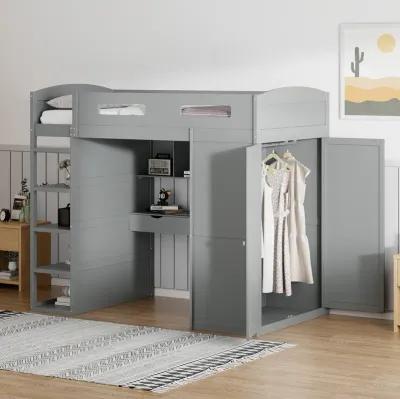 Merax Classical Loft Bed with Desk and Wardrobes