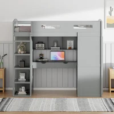 Merax Classical Loft Bed with Desk and Wardrobes