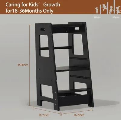 Toddler Standing Tower Kitchen Step Stool for Kid's Adjustable Height Learning Stool Helper Removable Anti-Drop Safety Rail Stool for Bedroom, Bathroom, Black