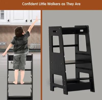 Toddler Standing Tower Kitchen Step Stool for Kid's Adjustable Height Learning Stool Helper Removable Anti-Drop Safety Rail Stool for Bedroom, Bathroom, Black