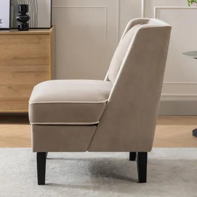 Velvet Upholstered Accent Chair With Cream Piping, Tan And Cream