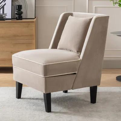 Velvet Upholstered Accent Chair With Cream Piping, Tan And Cream