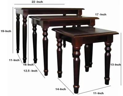 3 Piece Wooden Nesting Tables with Turned Tapered Legs, Cherry Brown-Benzara