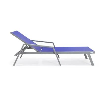 LeisureMod Marlin Patio Chaise Lounge Chair With Armrests in Grey Aluminum Frame