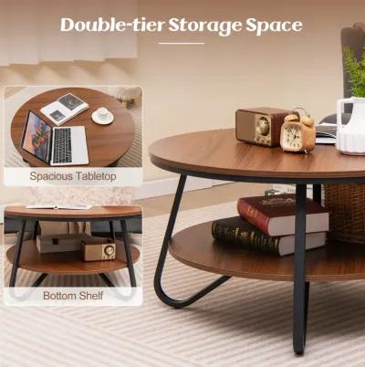 33.5 Inch Round Coffee Table with Wood Grain Finish and Heavy-duty Metal Frame-Walnut