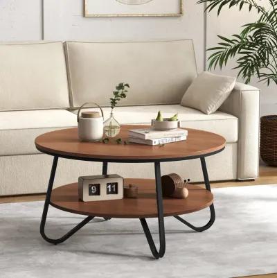 33.5 Inch Round Coffee Table with Wood Grain Finish and Heavy-duty Metal Frame-Walnut