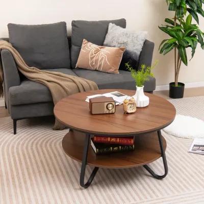 33.5 Inch Round Coffee Table with Wood Grain Finish and Heavy-duty Metal Frame-Walnut