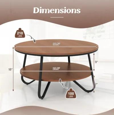 33.5 Inch Round Coffee Table with Wood Grain Finish and Heavy-duty Metal Frame-Walnut