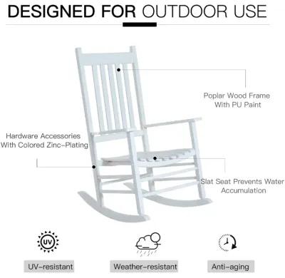 White Porch Relaxer: Wooden Outdoor Rocking Chair with Slatted Design