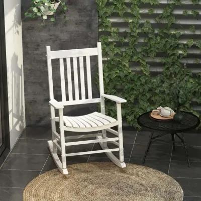 White Porch Relaxer: Wooden Outdoor Rocking Chair with Slatted Design