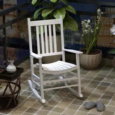 White Porch Relaxer: Wooden Outdoor Rocking Chair with Slatted Design