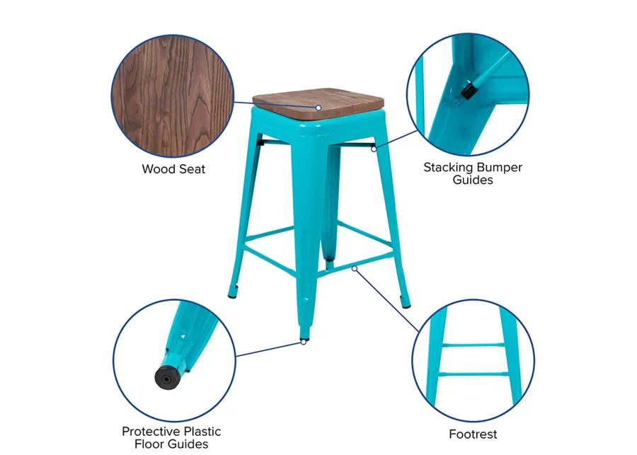 Flash Furniture Lily 24" High Metal Counter-Height, Indoor Bar Stool with Wood Seat in Teal - Stackable Set of 4