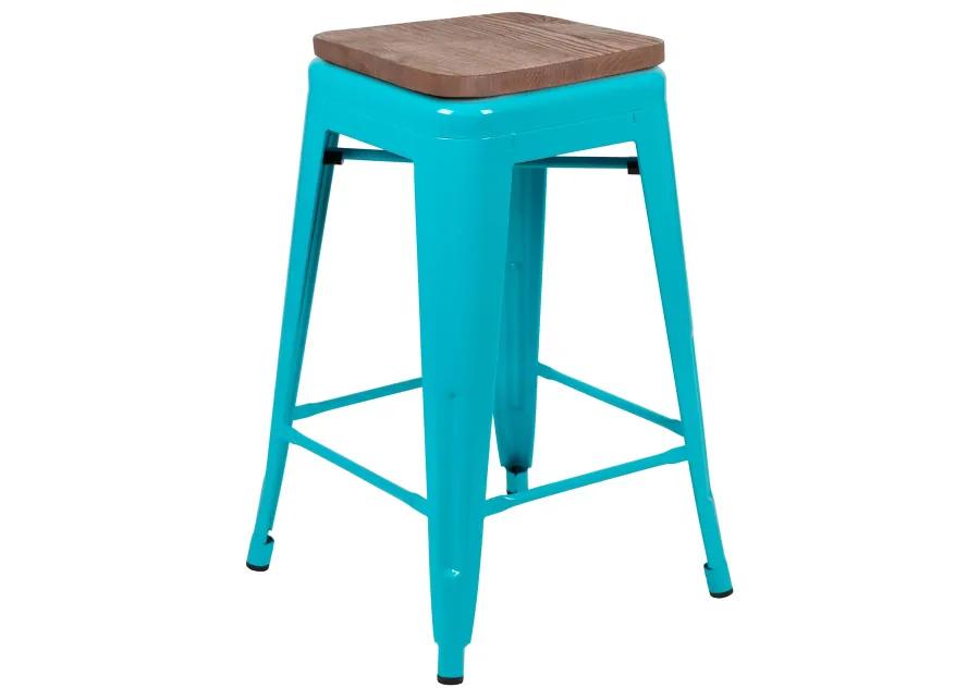 Flash Furniture Lily 24" High Metal Counter-Height, Indoor Bar Stool with Wood Seat in Teal - Stackable Set of 4