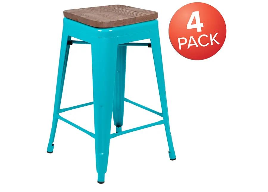 Flash Furniture Lily 24" High Metal Counter-Height, Indoor Bar Stool with Wood Seat in Teal - Stackable Set of 4