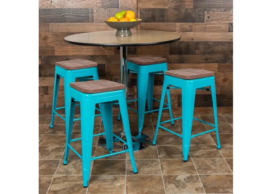 Flash Furniture Lily 24" High Metal Counter-Height, Indoor Bar Stool with Wood Seat in Teal - Stackable Set of 4