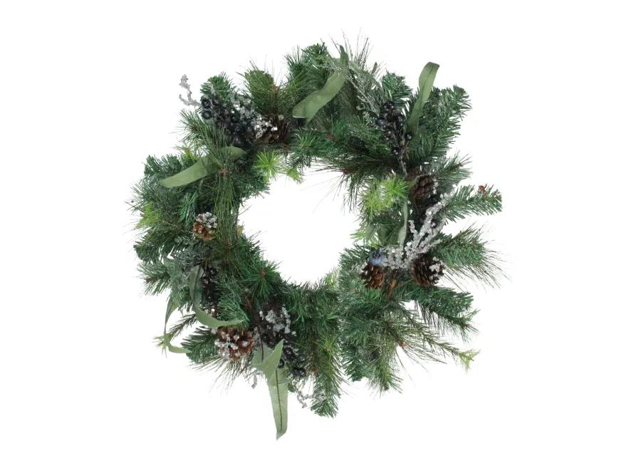 Mixed Pine with Blueberries Pine Cones and Ice Twigs Artificial Christmas Wreath - 24-Inch  Unlit