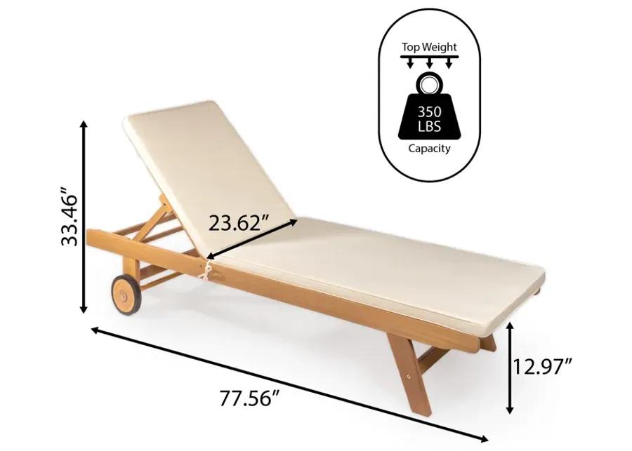 Mallorca 77.56"x23.62" Modern Classic Adjustable Acacia Wood Chaise Outdoor Lounge Chair with Cushion & Wheels, Orange/Natural