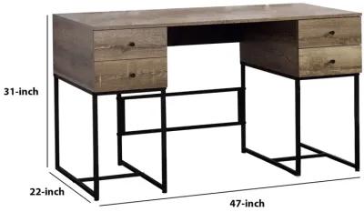 Wooden Desk with 4 Drawers and Tubular Metal Support, Brown and Black-Benzara