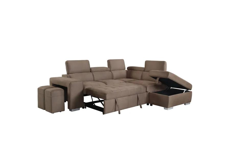 Sectional  Sleeper Sofa with 2 Pullout Stools Fabric