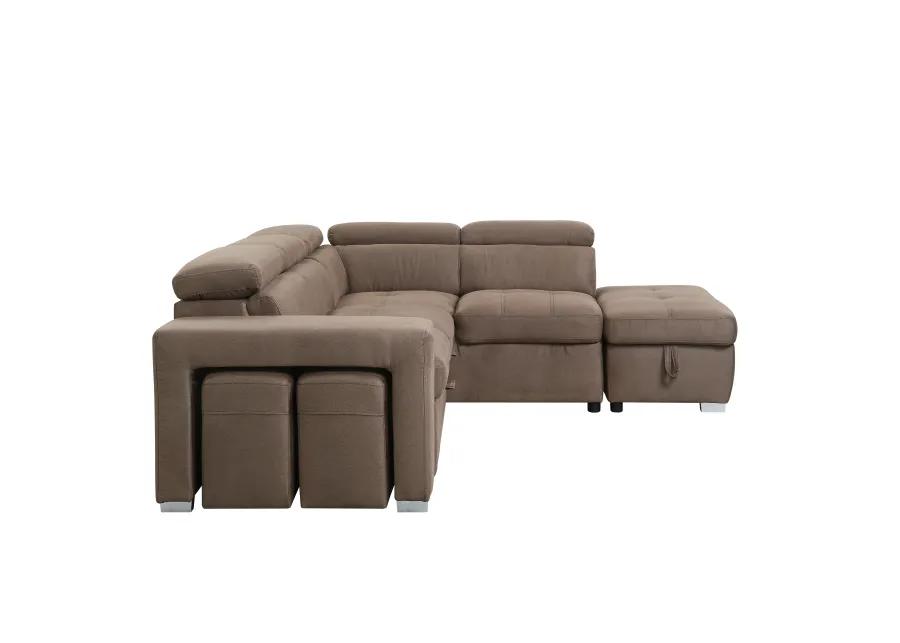 Sectional  Sleeper Sofa with 2 Pullout Stools Fabric