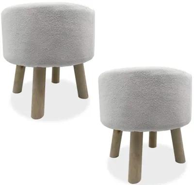 Ginni Footstool Ottoman Set of 2, White Polyester, Soft Seat, Wood Legs