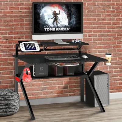 PVC Coated Ergonomic Metal Frame Gaming Desk with K Shape Legs, Black-Benzara