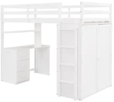 Twin Size Loft Bed With Drawers, Desk, And Wardrobe