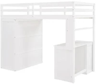 Twin Size Loft Bed With Drawers, Desk, And Wardrobe