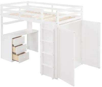 Twin Size Loft Bed With Drawers, Desk, And Wardrobe