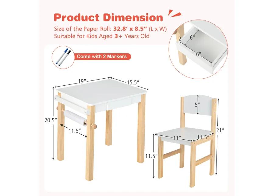 Kids Art Table and Chair Set with Drawer Paper Roll and 2 Markers