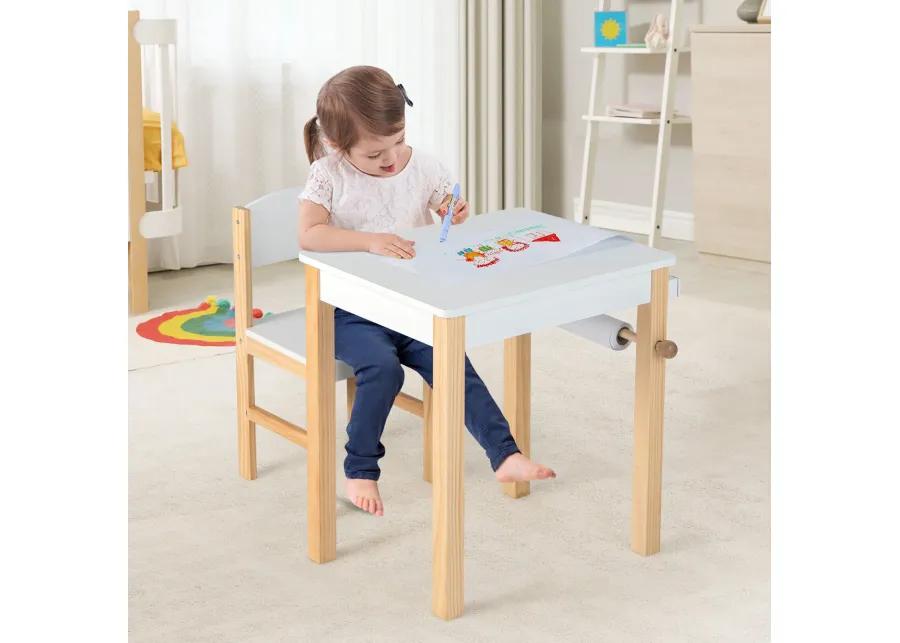 Kids Art Table and Chair Set with Drawer Paper Roll and 2 Markers