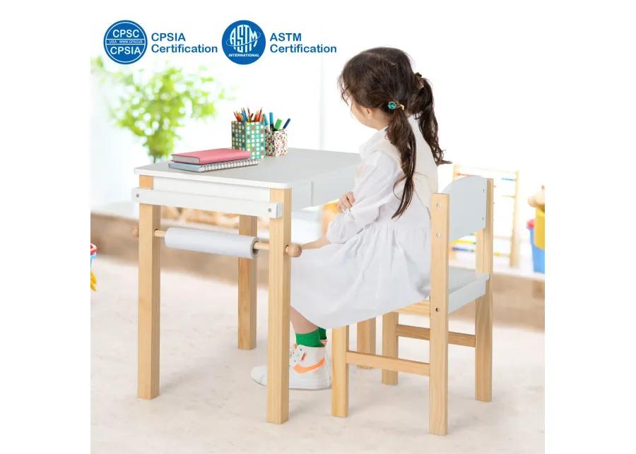 Kids Art Table and Chair Set with Drawer Paper Roll and 2 Markers