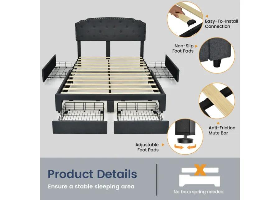 Platform Bed Frame with 4 Storage Drawers Adjustable Headboard