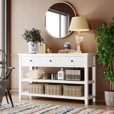 Retro Design Console Table With Two Open Shelves, Pine Solid Wood Frame And Legs