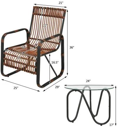 3 Pieces Patio Rattan Furniture Set with 2 Single Wicker Chairs and Glass Side Table