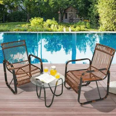 3 Pieces Patio Rattan Furniture Set with 2 Single Wicker Chairs and Glass Side Table