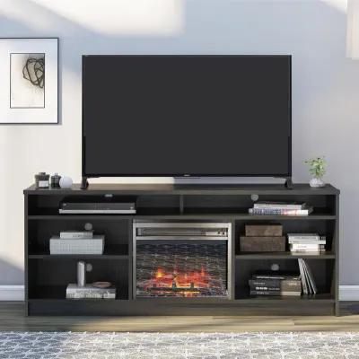 REALROOMS Hickory Hill 65" TV Stand with Electric Fireplace Space Heater and 6 Shelves