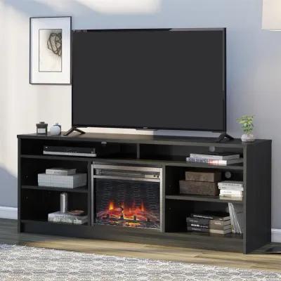 REALROOMS Hickory Hill 65" TV Stand with Electric Fireplace Space Heater and 6 Shelves