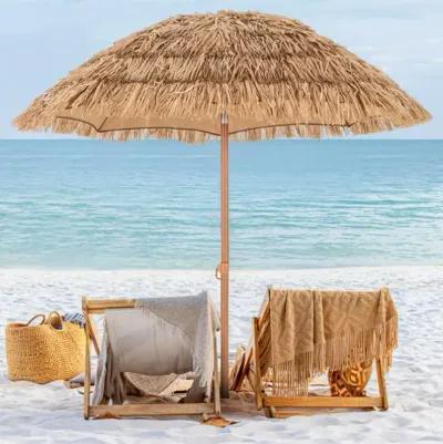 Hivvago 6.5 Feet Thatched Tiki Umbrella with Foldable Stand Push Button Tilt