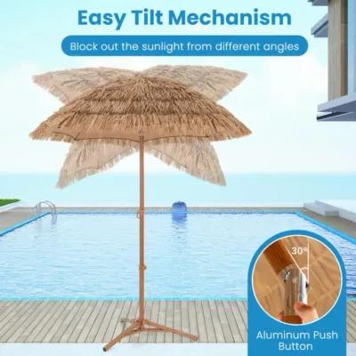 Hivvago 6.5 Feet Thatched Tiki Umbrella with Foldable Stand Push Button Tilt