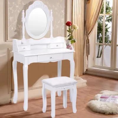 Hivvago Vanity Table Set with Cushioned Stool with 360° Rotating Oval Mirror and Three Drawers-White