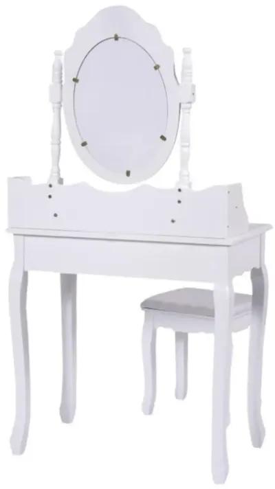 Hivvago Vanity Table Set with Cushioned Stool with 360° Rotating Oval Mirror and Three Drawers-White