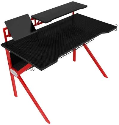 PVC Coated Ergonomic Metal Frame Gaming Desk, Black and Red-Benzara