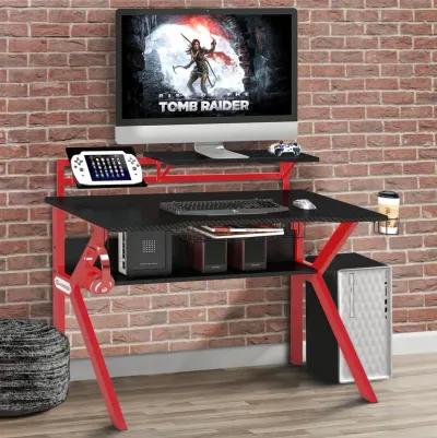 PVC Coated Ergonomic Metal Frame Gaming Desk, Black and Red-Benzara