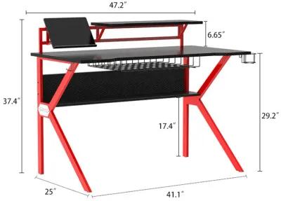 PVC Coated Ergonomic Metal Frame Gaming Desk, Black and Red-Benzara