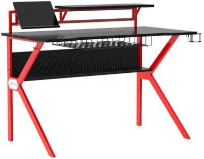 PVC Coated Ergonomic Metal Frame Gaming Desk, Black and Red-Benzara