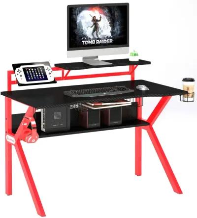 PVC Coated Ergonomic Metal Frame Gaming Desk, Black and Red-Benzara