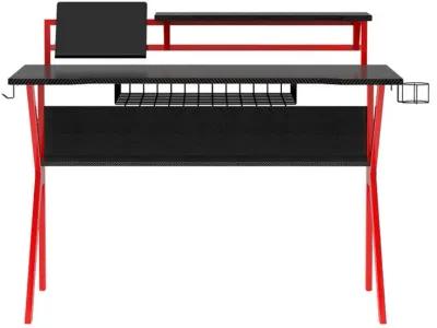 PVC Coated Ergonomic Metal Frame Gaming Desk, Black and Red-Benzara